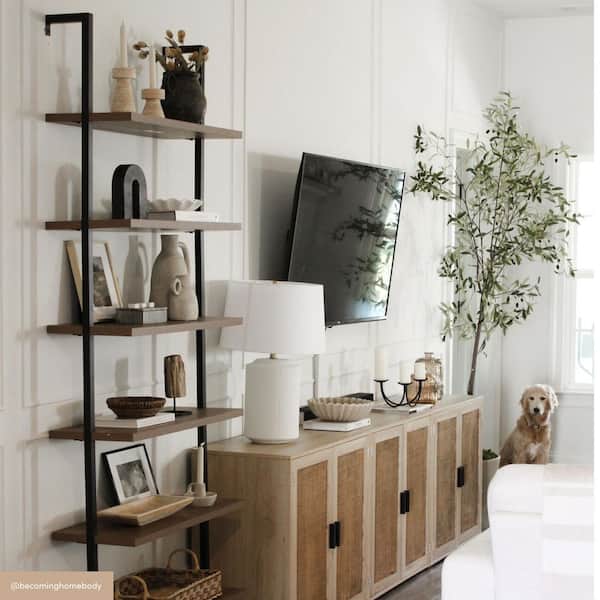 Theo 85 in. Matte Black Reclaimed Oak Wood 6-Shelf Wall Mount Ladder Bookcase with Matte Black Metal Frame