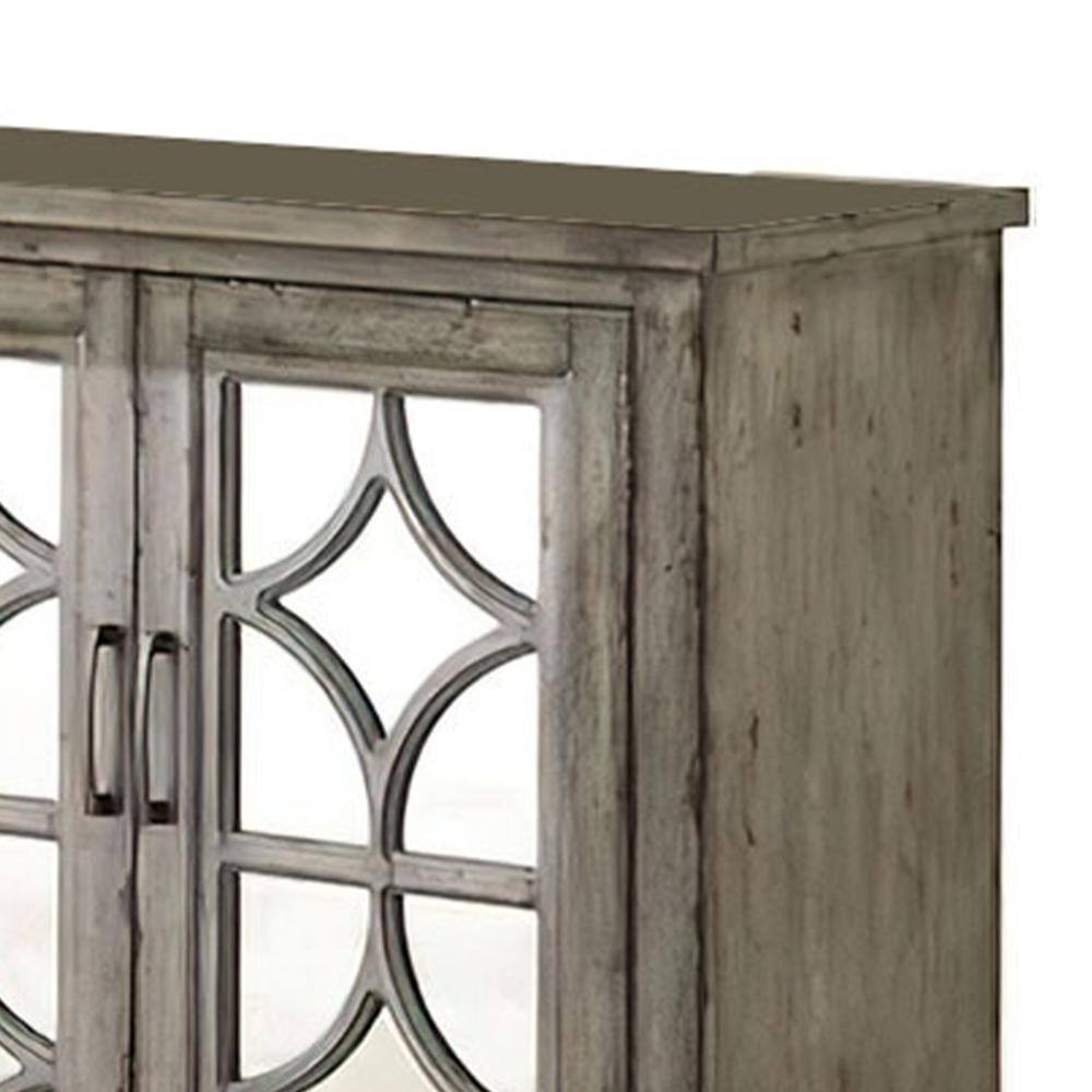 Velika Weathered Gray Wooden Console Table with Mirrored Doors