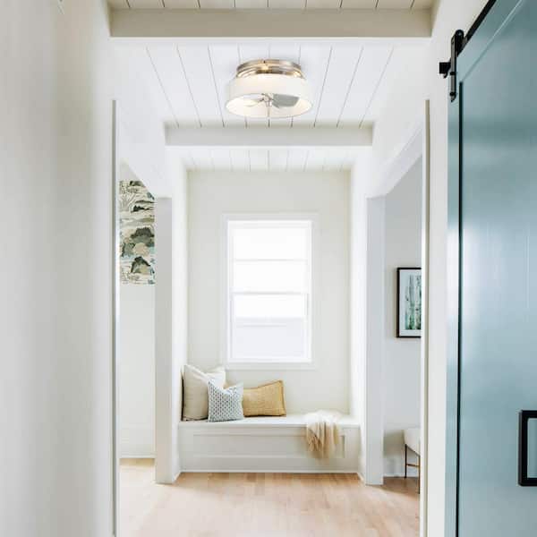 12.6 in. Indoor Satin Nickel Caged Flush Mount Low Profile Ceiling Fan with Light and Remote Control