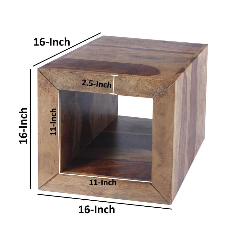 16" Brown Rosewood Cube Side Table with Cutout Bottom