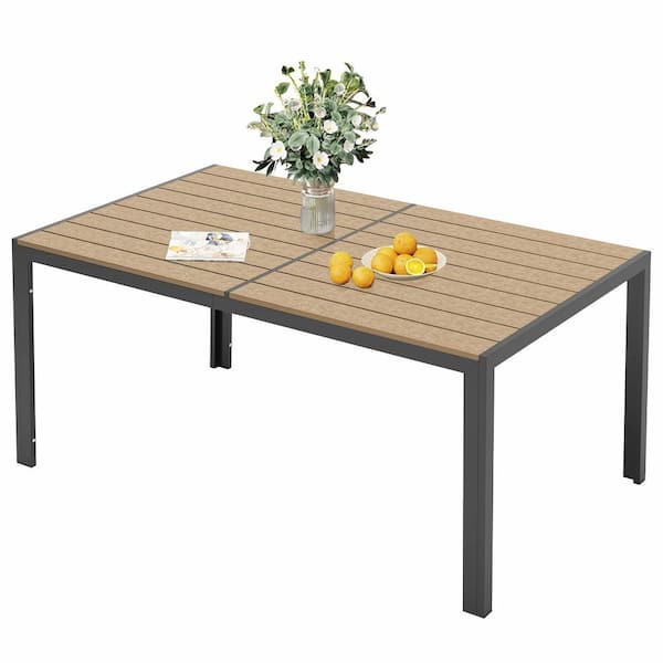 Patio Dining Table for 4-6 Person Outdoor Patio Table 59" Weather-Resistant Rectangular Table for Deck, Light Khaki