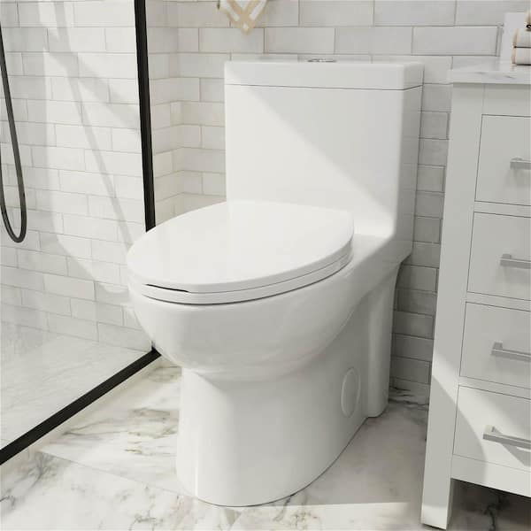 MYCASS Clea Rough in 12 in. 1-piece 1.6 GPF Dual Flush Elongated Toilet in Gloss White Modern Toilet Slow-down Seat Included