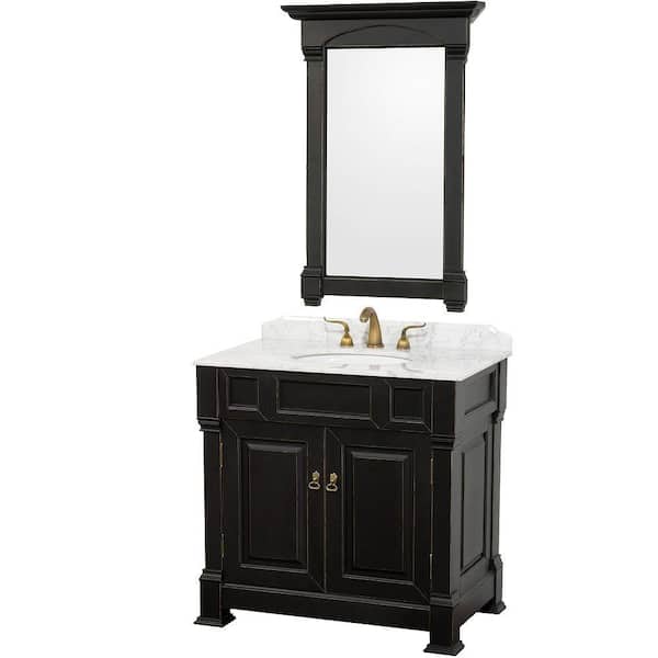 Wyndham Collection Andover 36 in. Vanity in Antique Black with Marble Vanity Top in Carrera White and Mirror