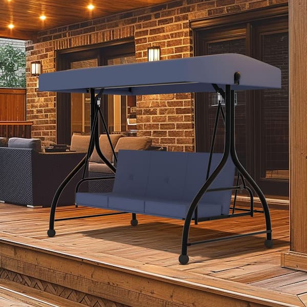 3-Seat Outdoor Metal Porch Swing with UV Resistant Cushions and Adjustable Canopy, Navy Blue