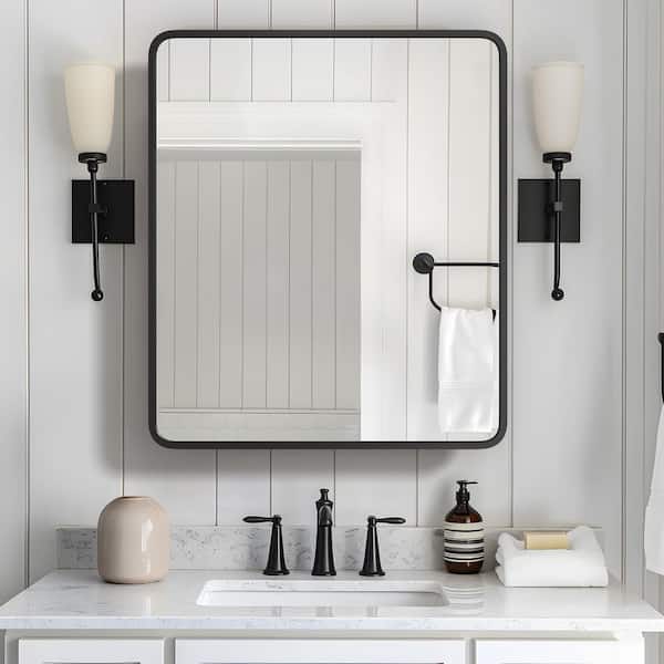 Black 23.79 In W x 29.64 In. H Rounded Rectangle Mirror Cabinet Iron Framed Mirror
