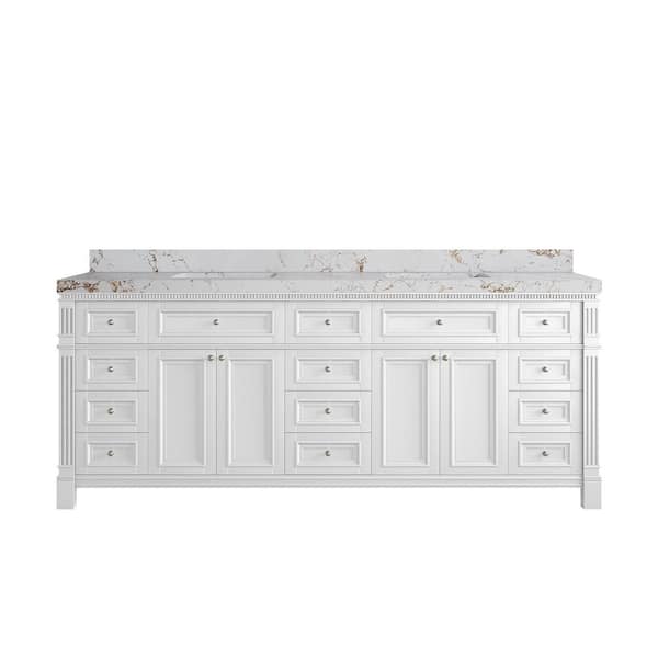 Willow Collections Paris 84 in. W x 22 in. D x 36 in. H Double Sink Bath Vanity in White with 2 in. Viola Gold qt. Top