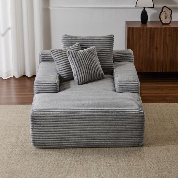 Gray Corduroy Fully Compressed Chaise Lounge Chair with 3 Throw Pillows and Wide Armrest