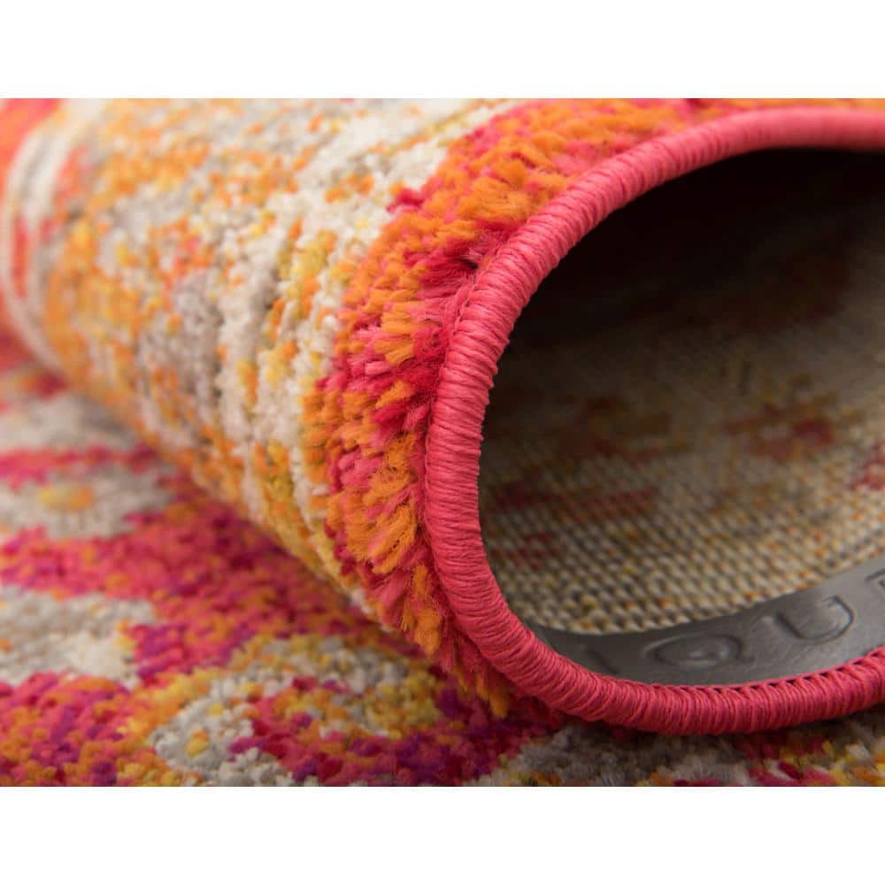 Rust Red Floral Square Stain-Resistant Synthetic Rug