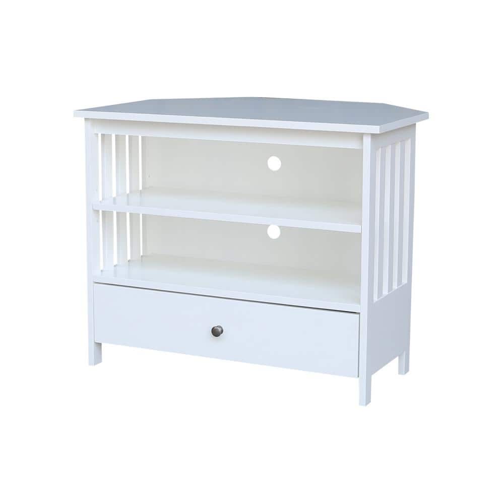 White Solid Wood Corner TV Stand with Shelves and Drawer