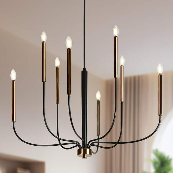 37.4 in. Modern 8-Light Black Chandelier Living Room Ceiling Light with Plated Brass Candle Design for Master Bedroom