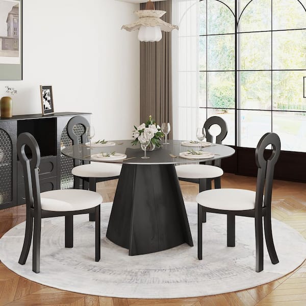 Modern 53.15 in. Round Tempered Glass Tabletop Dining Table with Black Pedestal Base in Black (Seats 6)