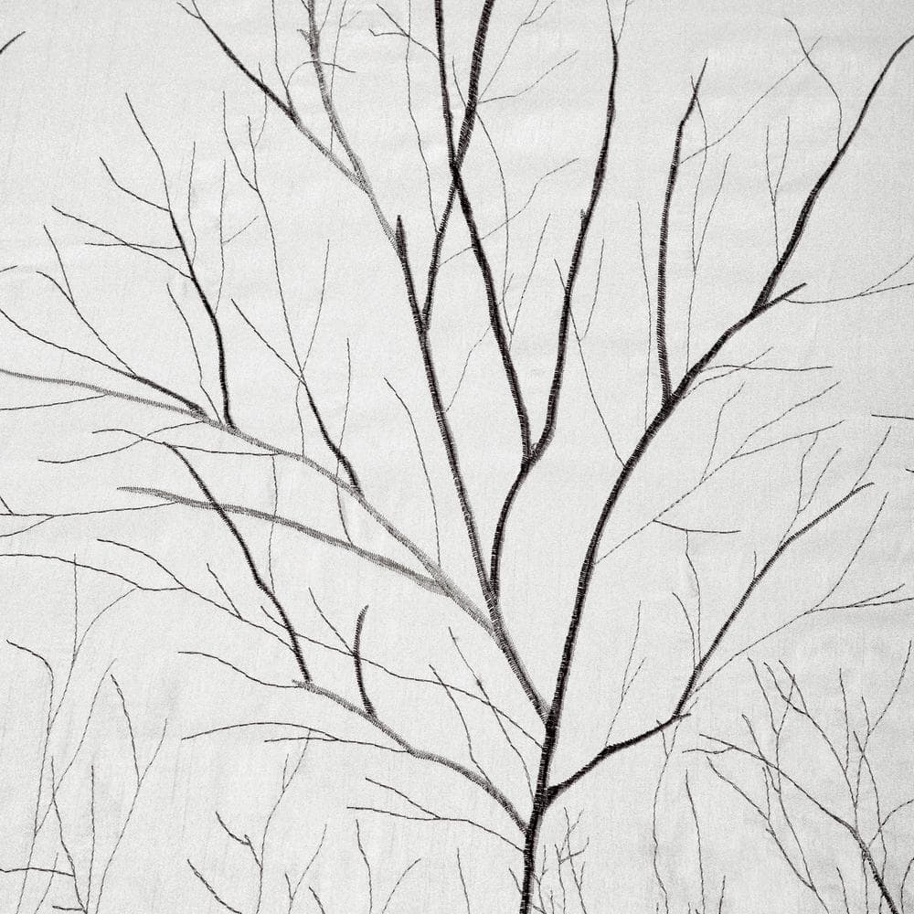 White Faux Silk Embroidered Branch Puddle Length Curtain Panel