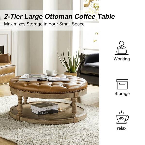 JAYDEN CREATION Chloe Camel 35.5 in. Wide Vegan Leather Tufted Transitional Square Coffee Table Ottoman with Solid Wood Legs OTS0771 CML