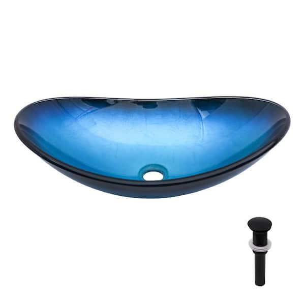 21.50 in. x 13.75 in. Boat Shape Tempered Glass Vessel Bathroom Sink in Blue with Pop-Up Drain