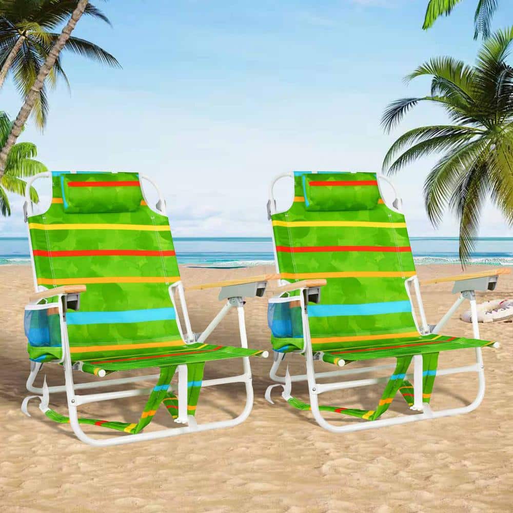 2-Piece Green Metal Foldable Adjustable Beach Chair with Pillow and Storage