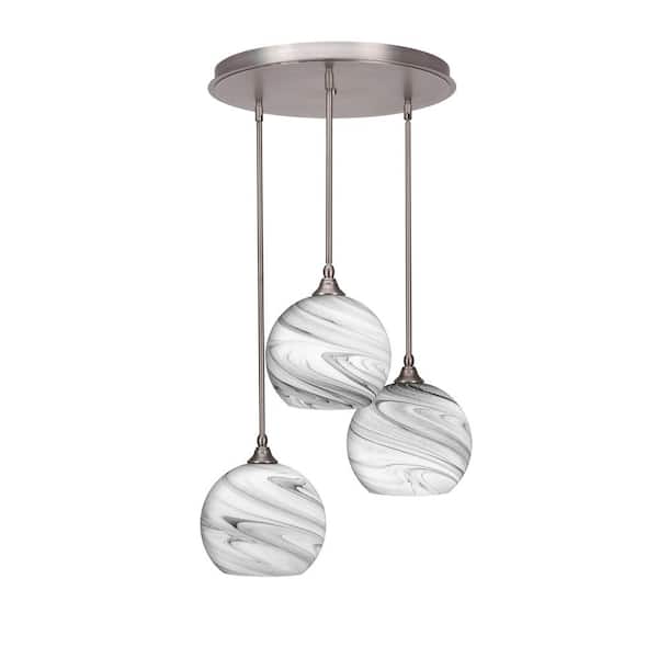 Unbranded Villa 3 Light Brushed Nickel, Cluster Pendant Light with 9.5 in. Onyx Swirl Glass Shades, No Bulbs Included