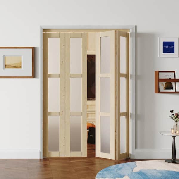 48 in. x 80 in., Frosted Glass, Solid Core, Light Brown, 3 Lite, MDF Wood, PVC Covering Bi-fold Doors with Hardware Kits