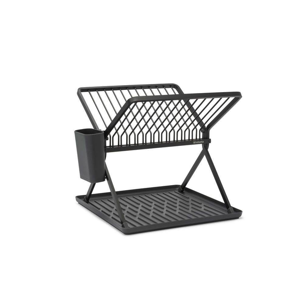 Compact Foldable Dark Gray Metal Dish Drying Rack with Utensil Cup