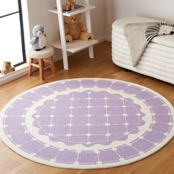 Kids 5 ft. x 5 ft. Purple/Ivory Geometric Border Round Area Rug