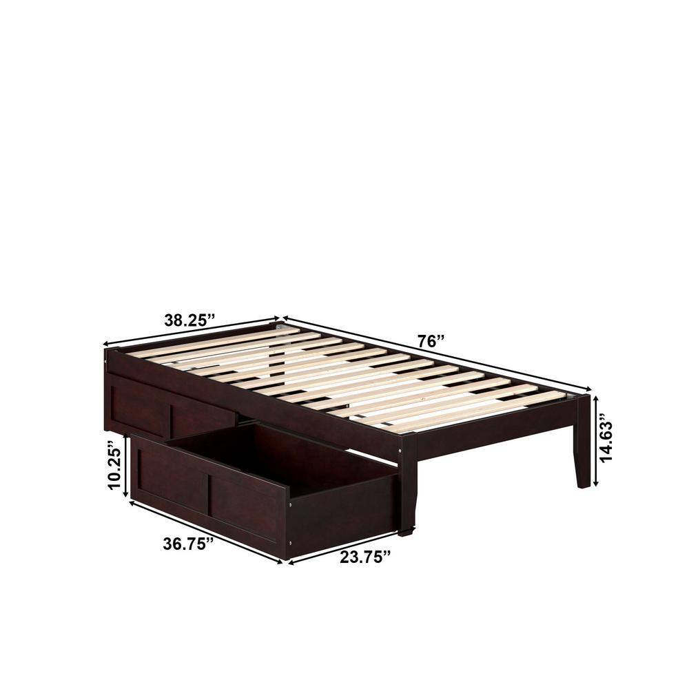 Espresso Twin Wood Platform Bed with 2 Storage Drawers