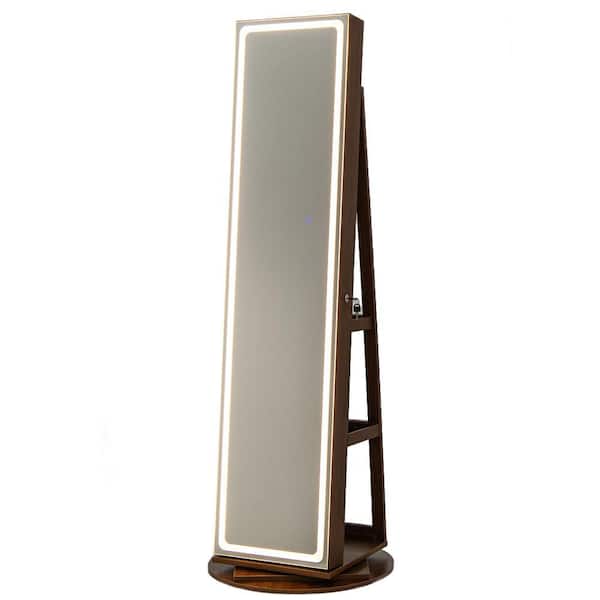 360° Swivel LED Mirror Brown Wood Jewelry Box Cabinet Organize