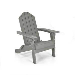 Grey Folding Wood Patio Adirondack Chair Weather Resistant Cup Holder Yard