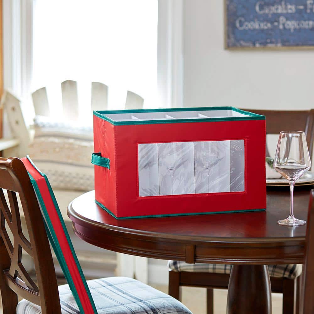 Red and Green Collapsible Holiday Stemware Storage Box with Lid