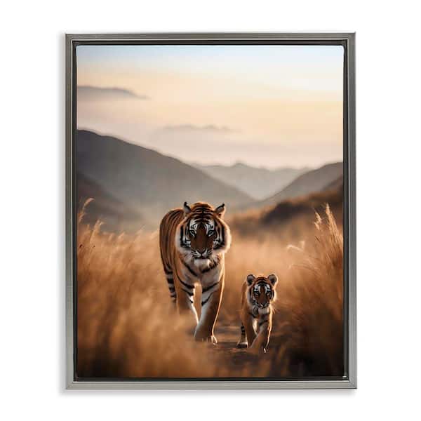 Stupell Industries Tiger and Cub on Savanna by Noah Bay Gray Floater Frame Animal Graphic Art Print 31 in. x 25 in.