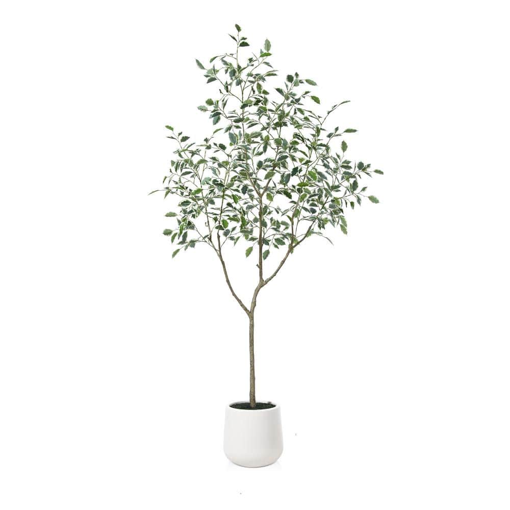 6 ft. Artificial Ficus Tree with Oval White Planter, Pre Potted Faux Greenry Plant with white side leaves