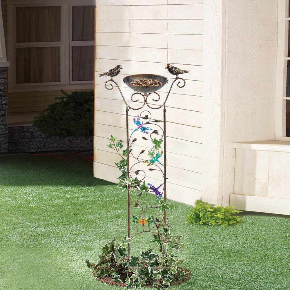 Elegant 40" Bronze Metal Garden Trellis with Bird Bath