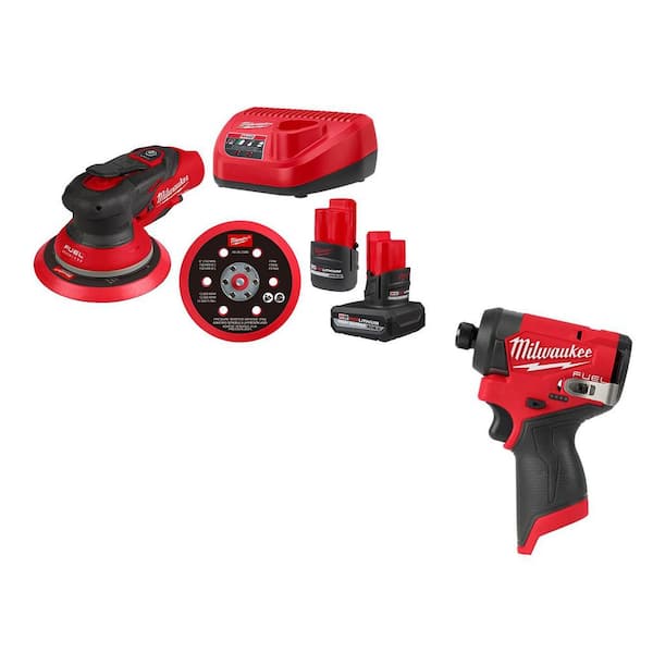 M12 FUEL 12-Volt Li-Ion Brushless Cordless 6 in. Random Orbital Sander Kit (3/16 in) w M12 Batteries & M12 Impact Driver