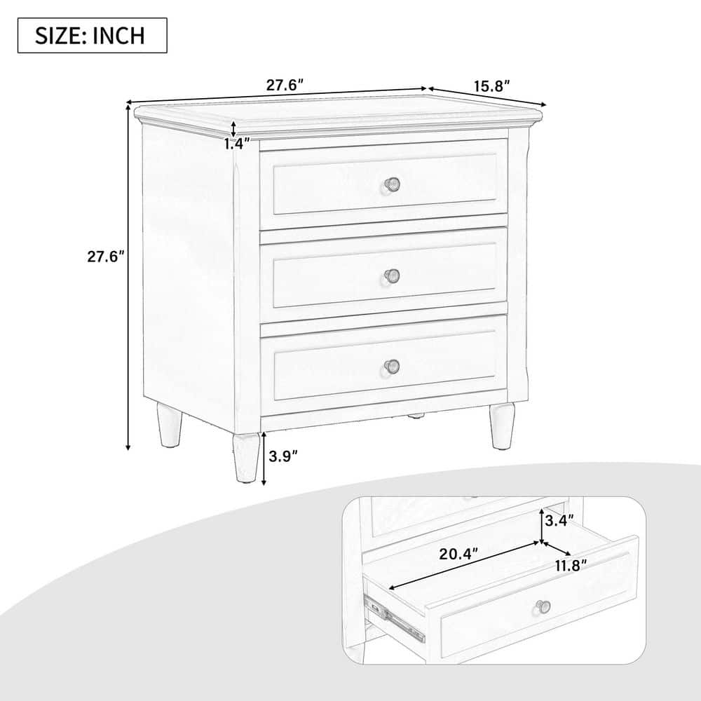 Modern Black 3-Drawer Exquisite Solid Wood Cabinet Nightstand(28.1 in. H x 27.9 in. W x 16.9 in. D) - thumbnail 3
