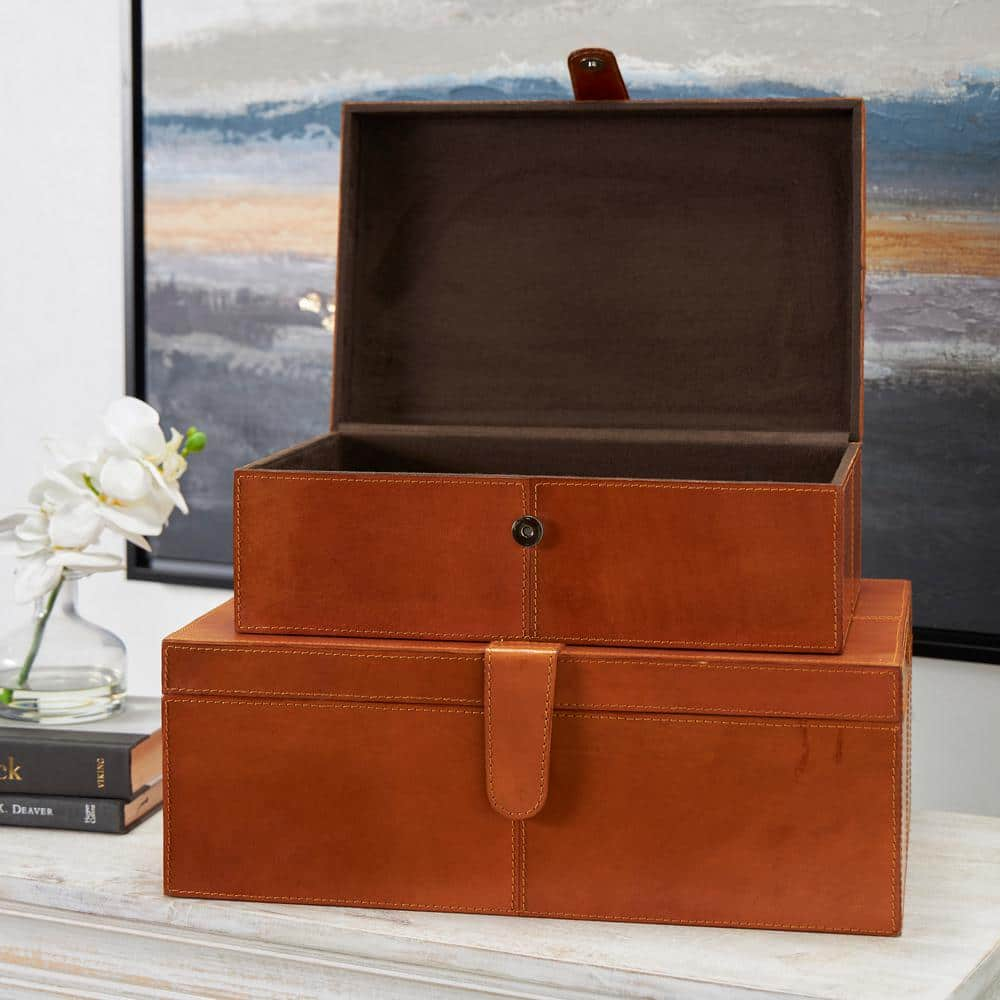 Litton Lane Rectangle Leather Storage Box with Snap Front Closure and  Detailed Stitching (Set of 2) 044971 - The Home Depot