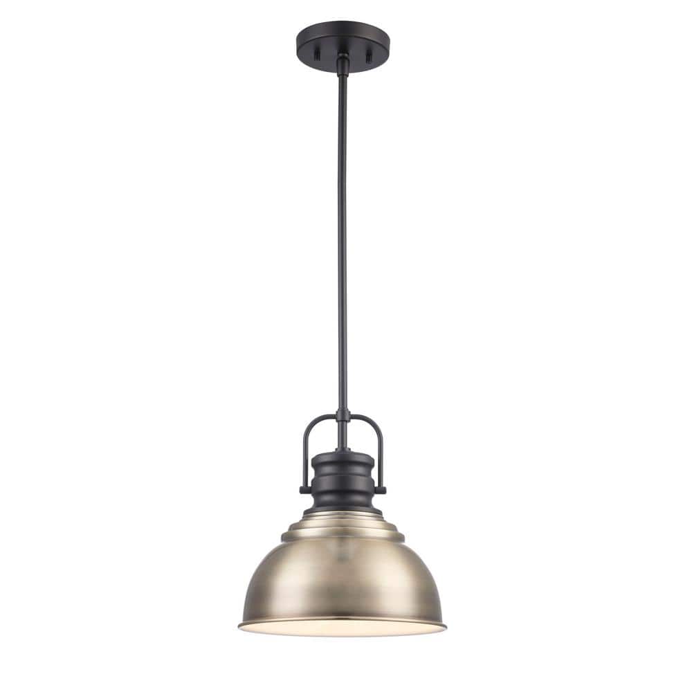 Home Decorators Collection Shelston 10 in. 1-Light Antique Gold and Black Farmhouse Pendant Light Fixture with Metal Shade