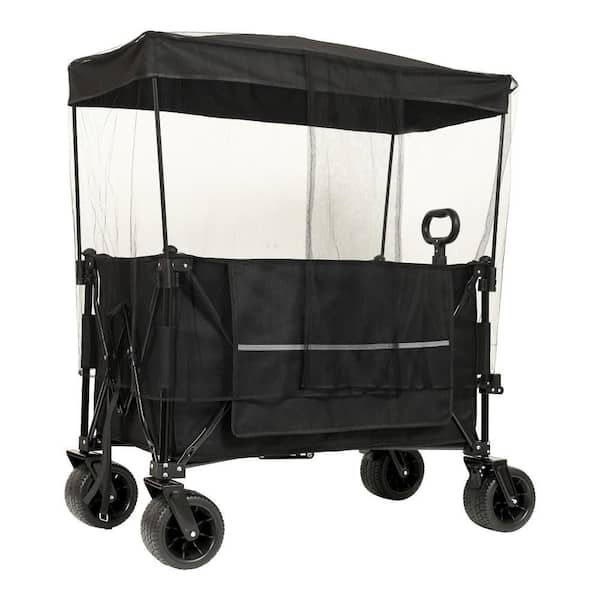 21 cu. ft. Steel Garden Cart Foldable Extended Wagon w/ Canopy Drink Holders and Side Pocket, 480 lbs. Capacity in Black