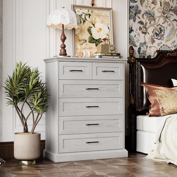 Beige Wood Grain 6-Drawer 31.5 in. Width x 40.4 in. Height Wooden Dresser, Chest of Drawers with Large Storage Space