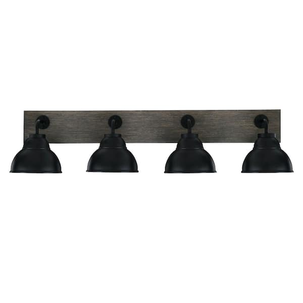Unbranded Kirby 37.75 in. 4 Light Black and Painted Wood-look Vanity Light with 7 in. Matte Black Metal Shades No Bulbs Included