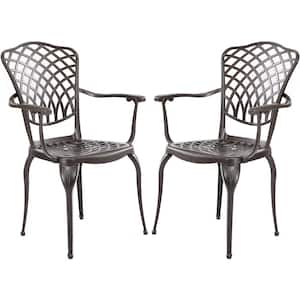 Arden Cast Aluminum Outdoor Patio Dining Metal Chairs, Set of 2 with Lattice Weave Design in Bronze