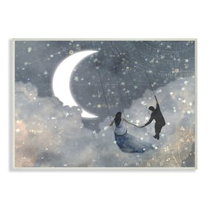 10 in. x 15 in. "Grey and Blue Celestial Love Sky Swinging by the Crescent Moon by Artist Victoria Borges Wood Wall Art