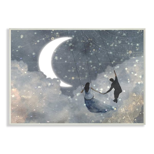 Stupell Industries 12.5 in. x 18.5 in. "Grey and Blue Celestial Love Sky Swinging by the Moon" by Artist Victoria Borges Wood Wall Art