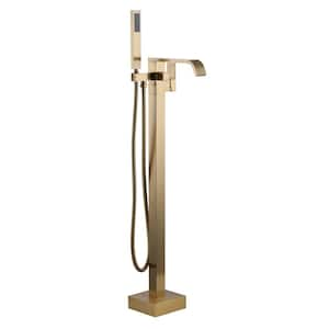 Waterfall Single-Handle Freestanding Tub Faucet with Handshower, Floor Mounted Tub Filler Faucet in. Brushed Gold