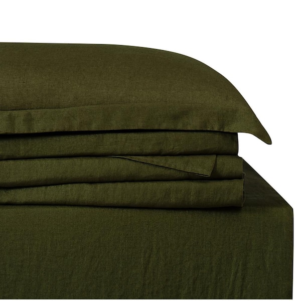 4-Piece Moss Green Linen King Sheet Set