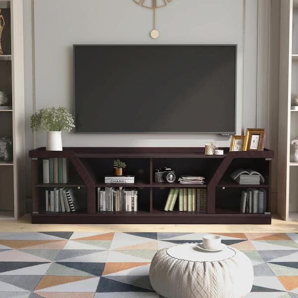 Olenve 71 in. Espresso Particle Board TV Stand Fits TVs Up to 80 in. with Storage Doors