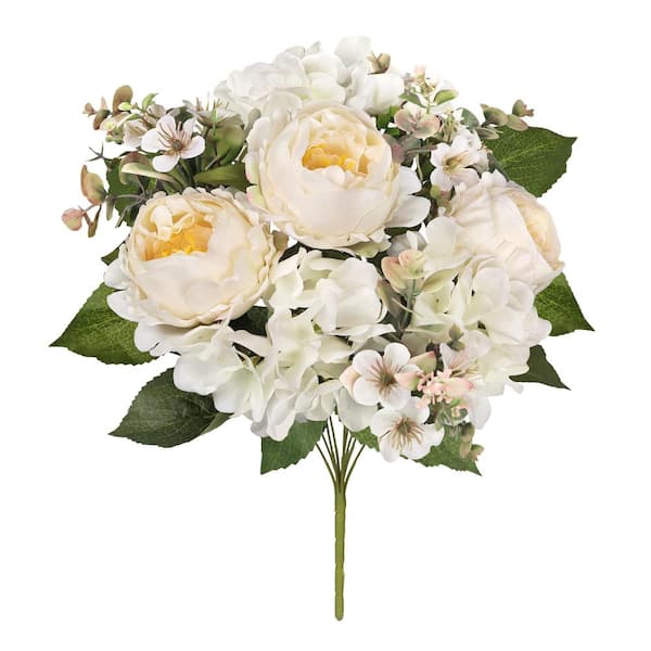 LIVING LUXURY 17 in. Ivory Cream Artificial Mixed Peony Hydrangea Blossom Flower Stem Bush Bouquet (Set of 2)