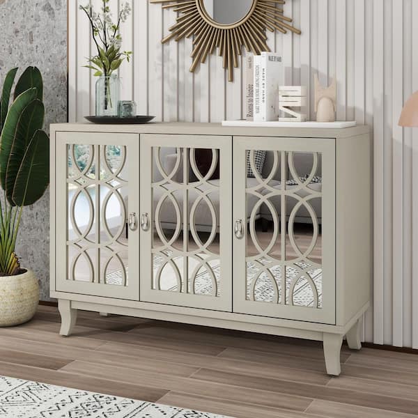 CSC DECOR INC Champagne Wood 47.2 in. Sideboard Modern Buffet Cabinet Storage Console with 3-Glass Doors and Adjustable Shelves