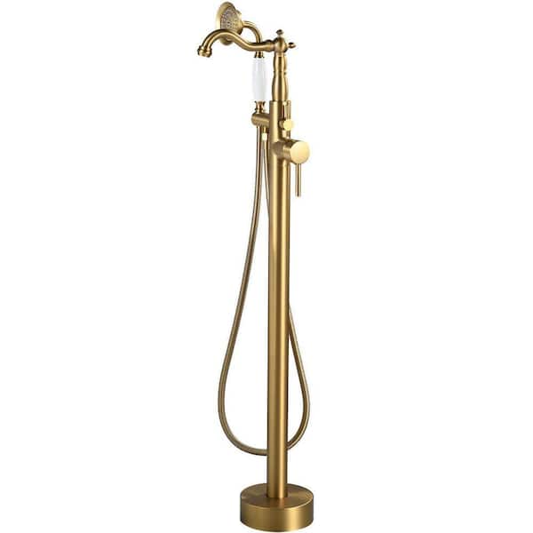 1-Handle Floor Mount Freestanding Claw Foot Tub Faucet Bathtub Filler with Hand Shower in Brushed Gold