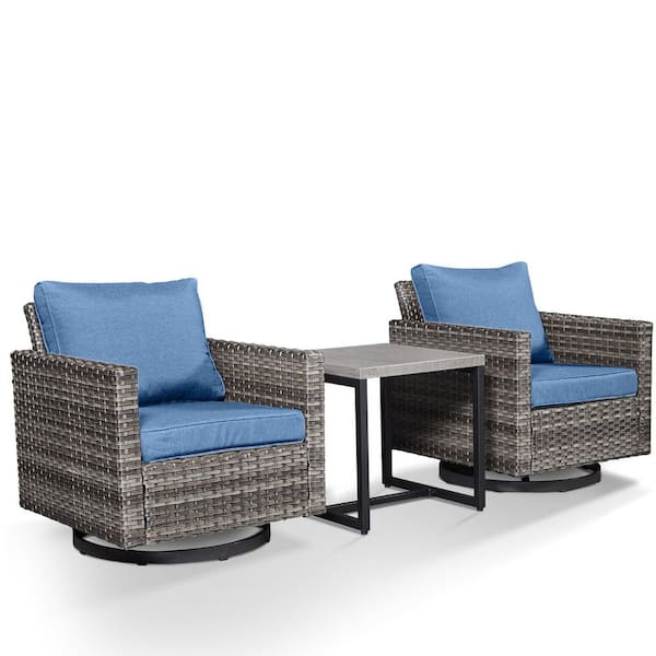 Gymojoy Carlos 3-Piece All-Weather Gray Wicker Patio Conversation Set with Swivel Chairs and Blue Cushions
