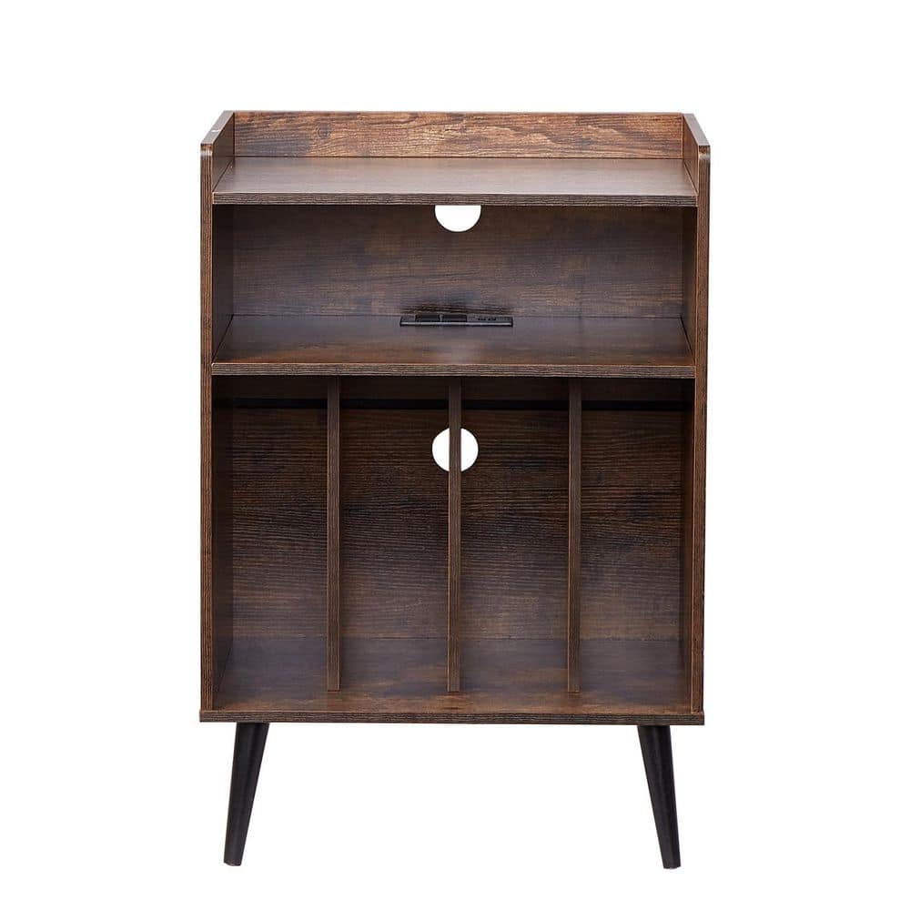 Brown Wood 3-Tier Record Player Stand with LED Light and USB Ports