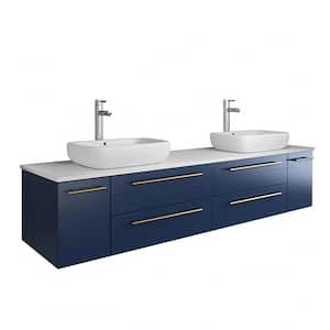 Lucera 72 in. W Wall Hung Bath Vanity in Royal Blue with Quartz Stone Vanity Top in White with White Basins