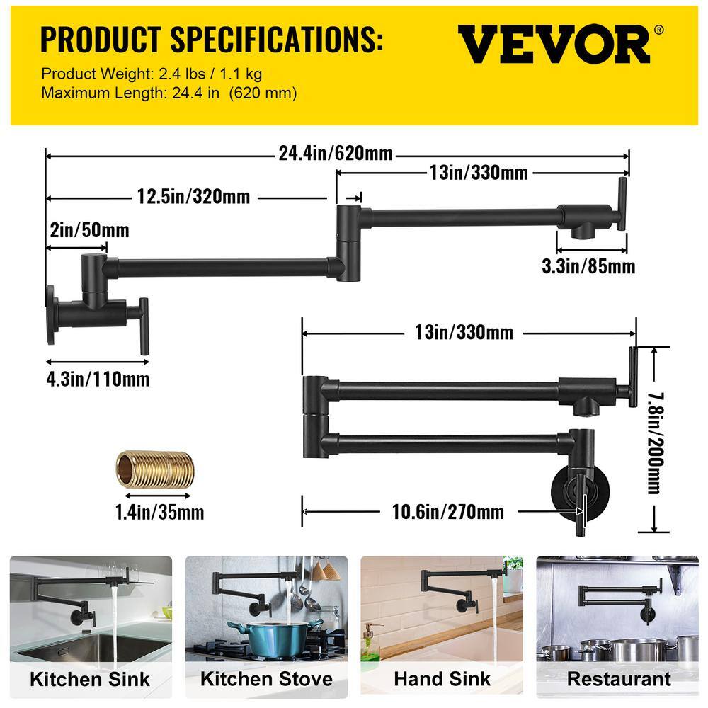 Matte Black Stainless Steel Dual Handle Wall Mount Pot Filler Faucet